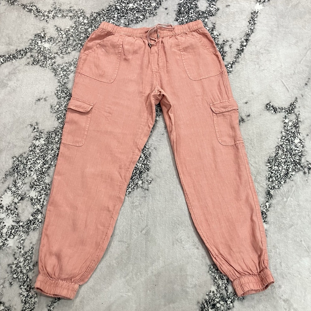 Nicole Miller Womens Large 100% Linen Pink Cargo Jogger Pants Drawstring